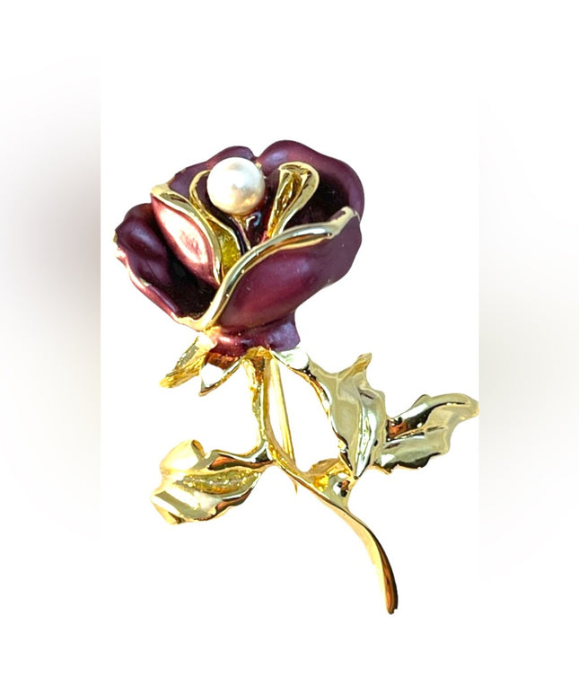 Gold plated finish pink enamel flower brooch faux pearl