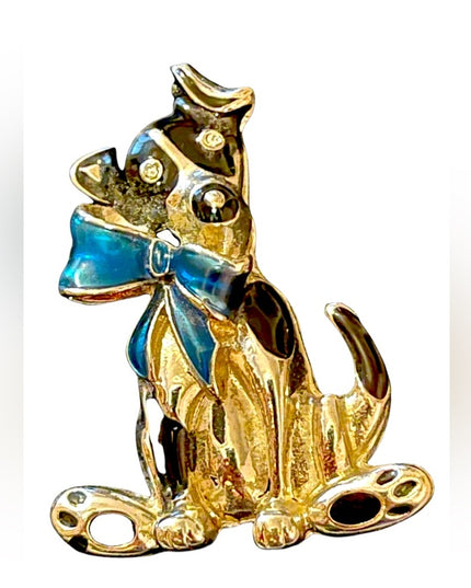 Silver enameled doggy dog with bow fancy gift brooch holiday