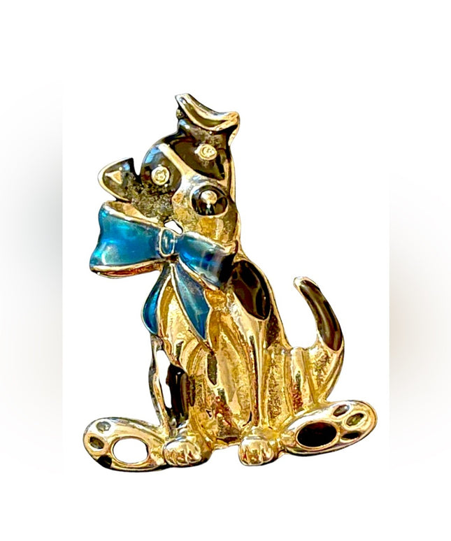 Silver enameled doggy dog with bow fancy gift brooch holiday