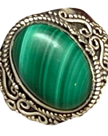 Sterling silver fancy ornate Malachite ring Bali Balenisian 925