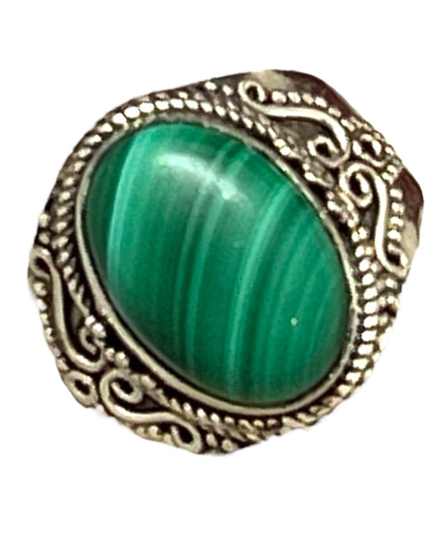 Sterling silver fancy ornate Malachite ring Bali Balenisian 925