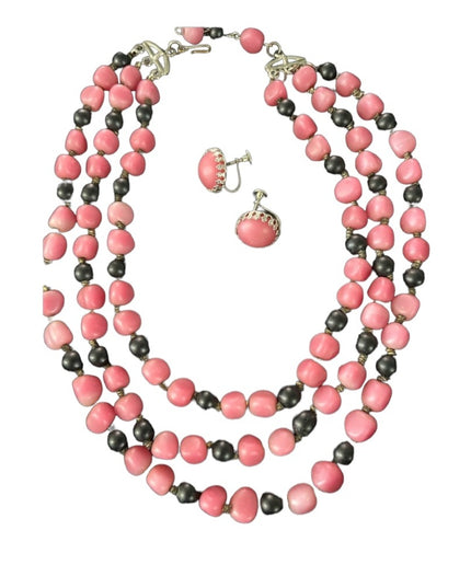 Antique 3 strand Pink & black Bubble glass bead necklace TRIAD earrings SET