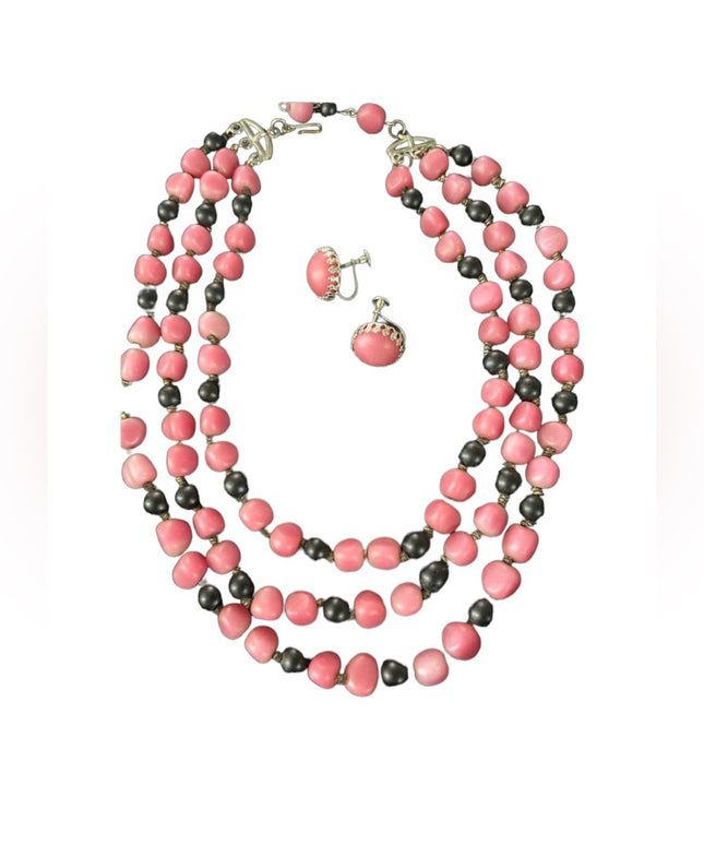 Antique 3 strand Pink & black Bubble glass bead necklace TRIAD earrings SET