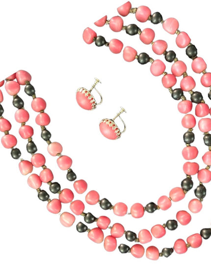 Antique 3 strand Pink & black Bubble glass bead necklace TRIAD earrings SET
