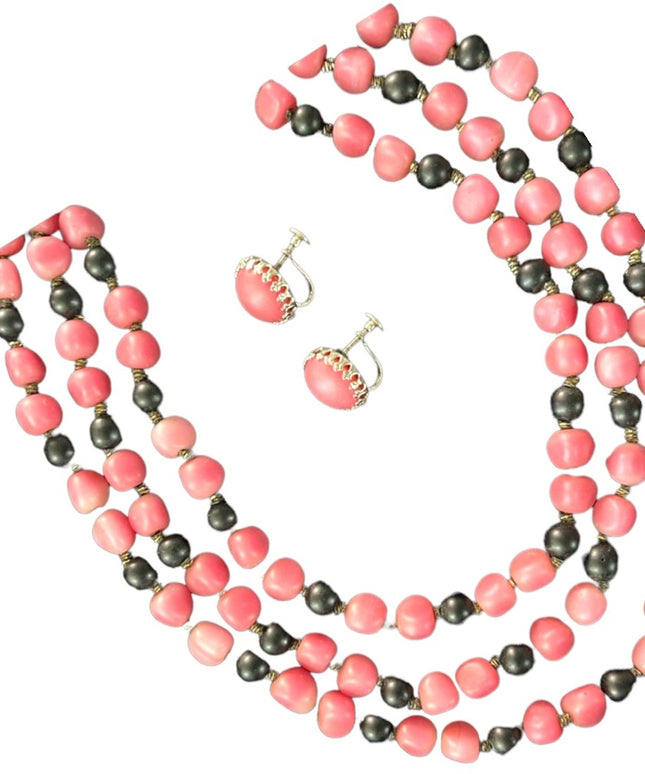 Antique 3 strand Pink & black Bubble glass bead necklace TRIAD earrings SET