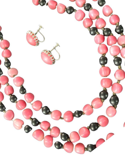 Antique 3 strand Pink & black Bubble glass bead necklace TRIAD earrings SET