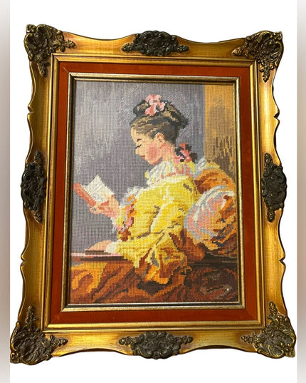 Vintage Large ornate gold  wood Framed velvet Girl Reading needle point picture