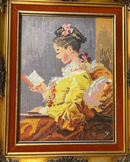 Vintage Large ornate gold  wood Framed velvet Girl Reading needle point picture