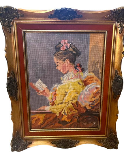 Vintage Large ornate gold  wood Framed velvet Girl Reading needle point picture