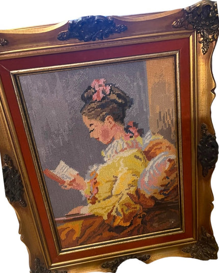 Vintage Large ornate gold  wood Framed velvet Girl Reading needle point picture
