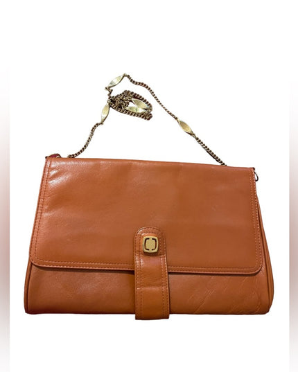 Vintage Tan Leather 1960s Clutch purse shoulder bag gold chain strap trim