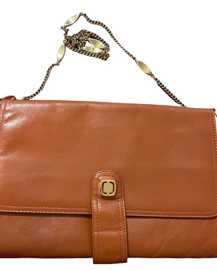 Vintage Tan Leather 1960s Clutch purse shoulder bag gold chain strap trim