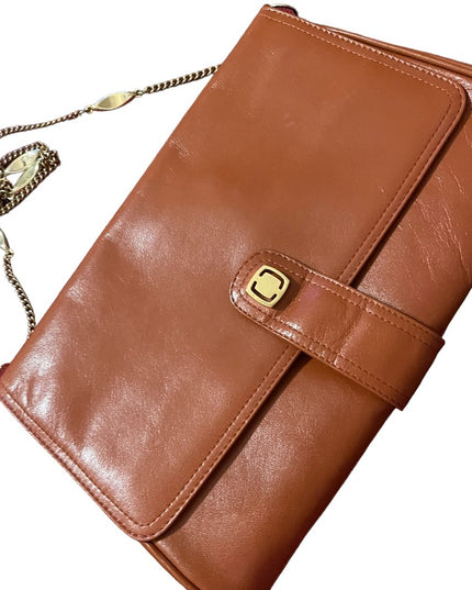 Vintage Tan Leather 1960s Clutch purse shoulder bag gold chain strap trim