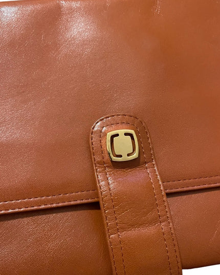 Vintage Tan Leather 1960s Clutch purse shoulder bag gold chain strap trim