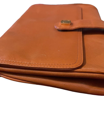 Vintage Tan Leather 1960s Clutch purse shoulder bag gold chain strap trim