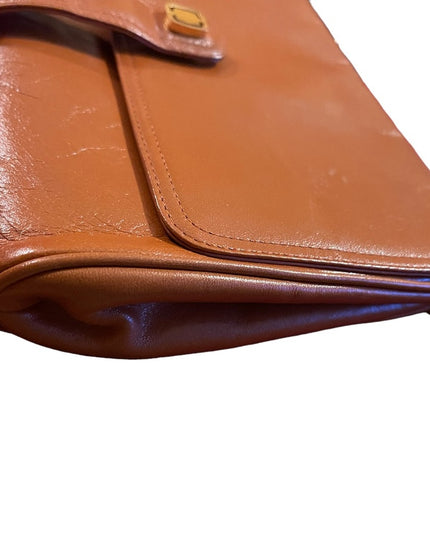 Vintage Tan Leather 1960s Clutch purse shoulder bag gold chain strap trim