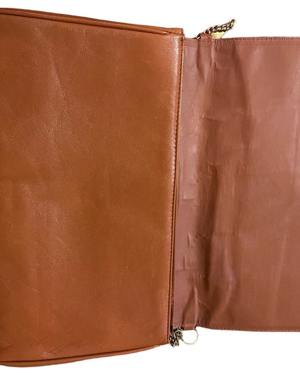 Vintage Tan Leather 1960s Clutch purse shoulder bag gold chain strap trim