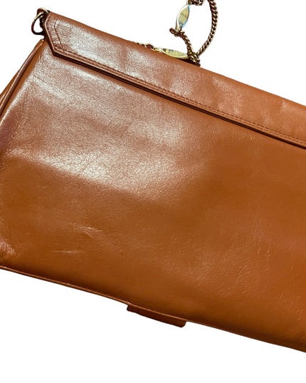 Vintage Tan Leather 1960s Clutch purse shoulder bag gold chain strap trim