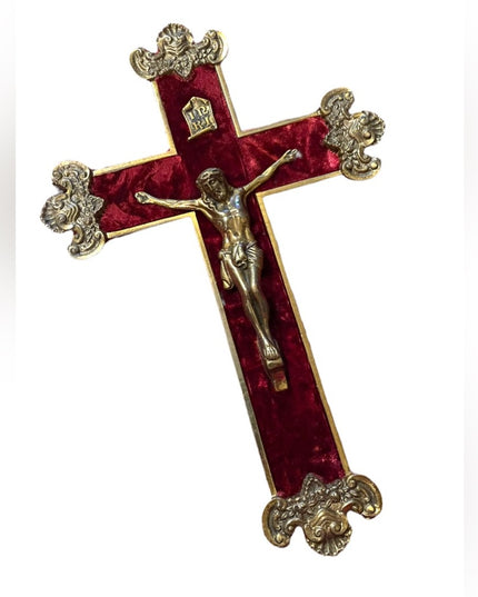 Vintage 1930s Solid heavy Brass Ornate wall Crucifix Red velvet Jesus Catholic