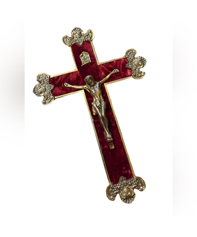 Vintage 1930s Solid heavy Brass Ornate wall Crucifix Red velvet Jesus Catholic