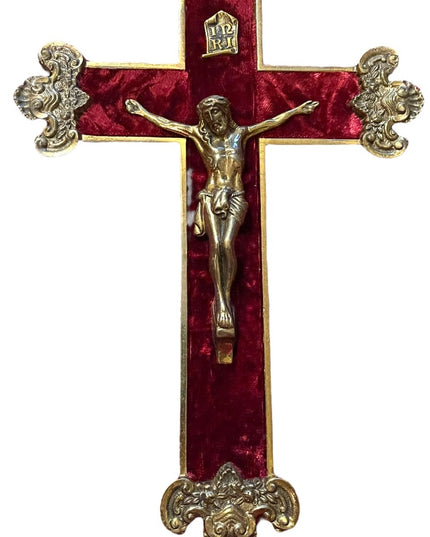 Vintage 1930s Solid heavy Brass Ornate wall Crucifix Red velvet Jesus Catholic