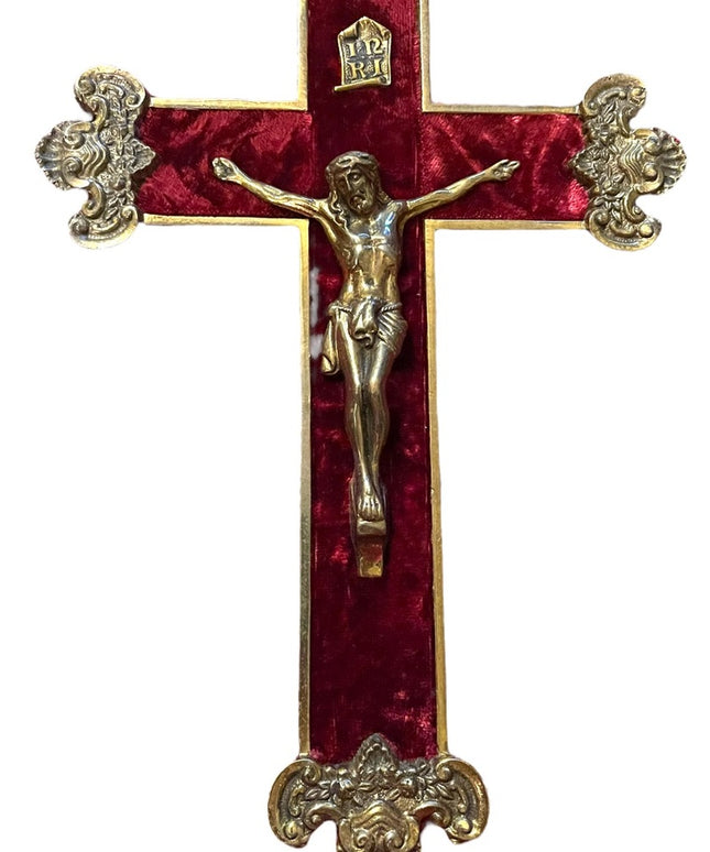 Vintage 1930s Solid heavy Brass Ornate wall Crucifix Red velvet Jesus Catholic