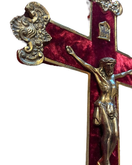 Vintage 1930s Solid heavy Brass Ornate wall Crucifix Red velvet Jesus Catholic