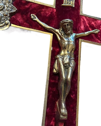 Vintage 1930s Solid heavy Brass Ornate wall Crucifix Red velvet Jesus Catholic