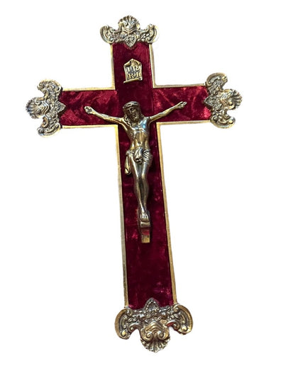 Vintage 1930s Solid heavy Brass Ornate wall Crucifix Red velvet Jesus Catholic