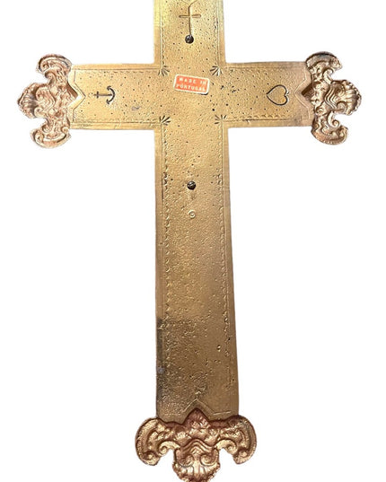 Vintage 1930s Solid heavy Brass Ornate wall Crucifix Red velvet Jesus Catholic