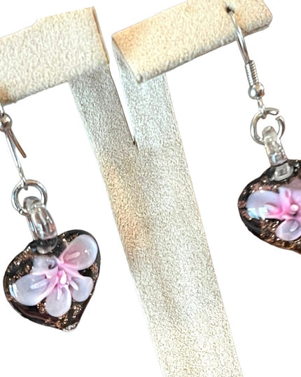 Lovely heart flower handmade glass dangle earrings silver finish