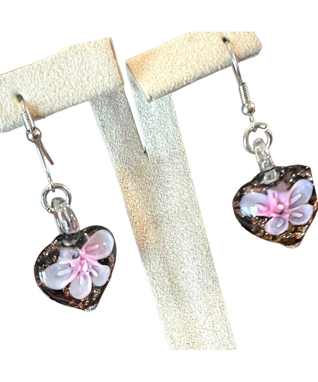 Lovely heart flower handmade glass dangle earrings silver finish