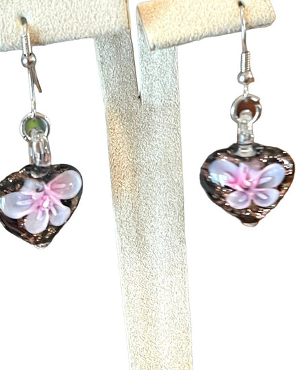 Lovely heart flower handmade glass dangle earrings silver finish