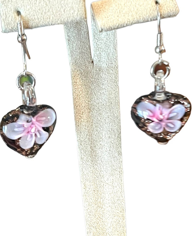 Lovely heart flower handmade glass dangle earrings silver finish