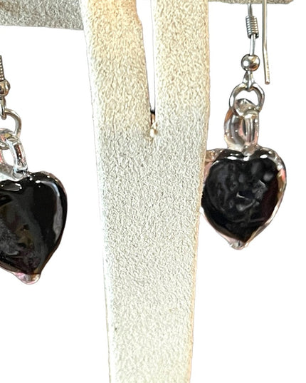 Lovely heart flower handmade glass dangle earrings silver finish