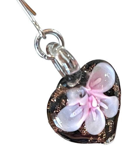 Lovely heart flower handmade glass dangle earrings silver finish