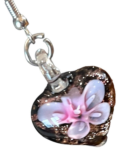 Lovely heart flower handmade glass dangle earrings silver finish