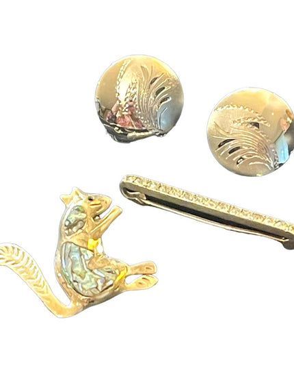 Lot of 3 Sterling silver 925 Brooches & earrings squirrel Etched vintage