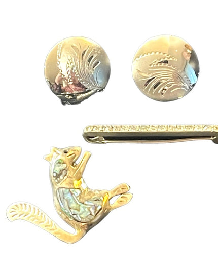 Lot of 3 Sterling silver 925 Brooches & earrings squirrel Etched vintage