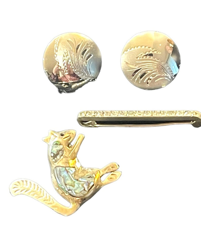 Lot of 3 Sterling silver 925 Brooches & earrings squirrel Etched vintage