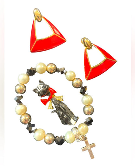 Vintage enameld kitty cat & red dangle earrings with bracelet Sterling cross