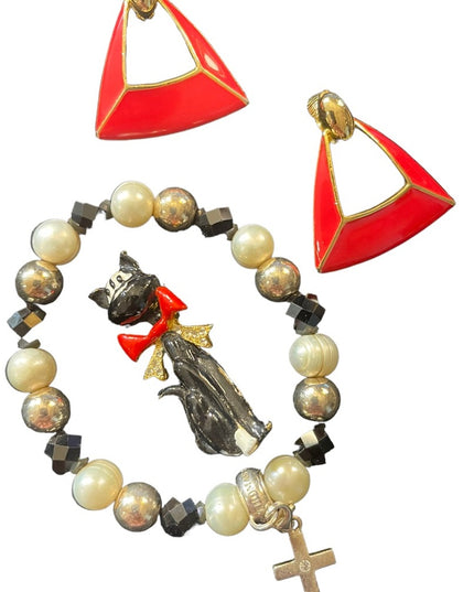 Vintage enameld kitty cat & red dangle earrings with bracelet Sterling cross