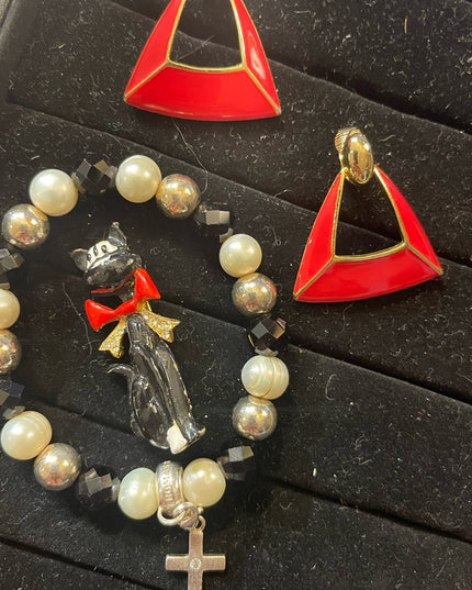 Vintage enameld kitty cat & red dangle earrings with bracelet Sterling cross