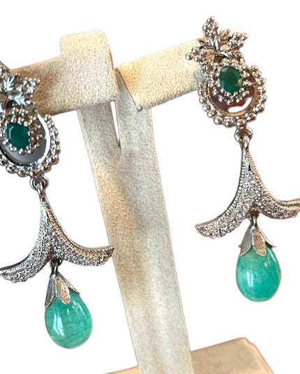 Silver finish Adventurine & emerald green crystal rhinestone dangle fancy party
