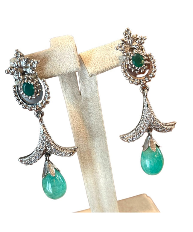 Silver finish Adventurine & emerald green crystal rhinestone dangle fancy party