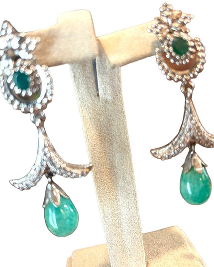 Silver finish Adventurine & emerald green crystal rhinestone dangle fancy party