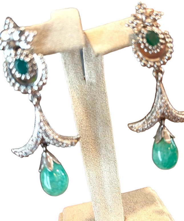 Silver finish Adventurine & emerald green crystal rhinestone dangle fancy party