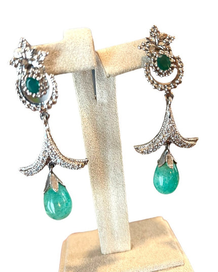 Silver finish Adventurine & emerald green crystal rhinestone dangle fancy party