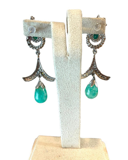 Silver finish Adventurine & emerald green crystal rhinestone dangle fancy party