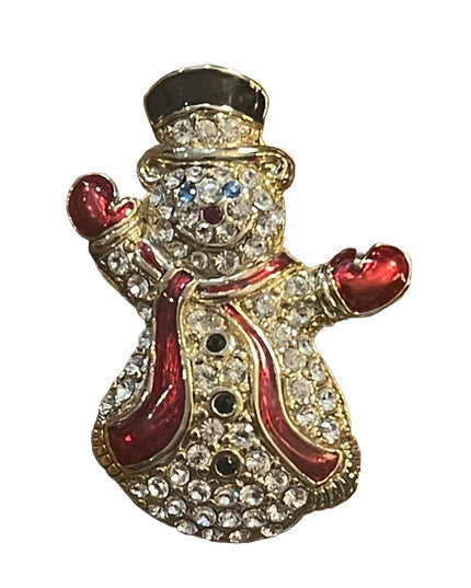 Vintage Monet rhinestone swarovski crystal enameled snowman brooch gold finish